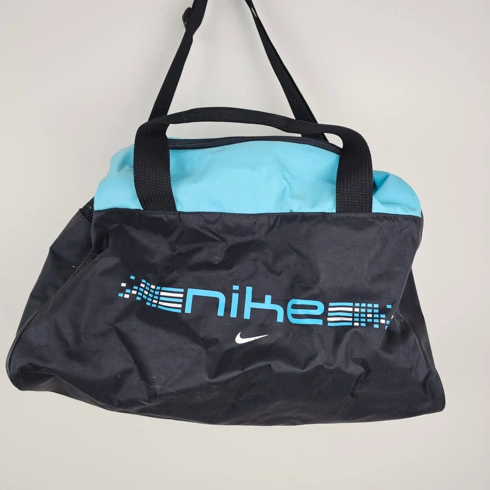 Nike Duffle Bag OS Black Blue Logo Gym Travel Sports Carry On Duffel